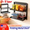 2-Tier Black Iron Floating Shelf Wall-Mounted Metal Shower Rack Foldable Stackable Anti-Drop Baffle for Bathroom Laundry Toilet
