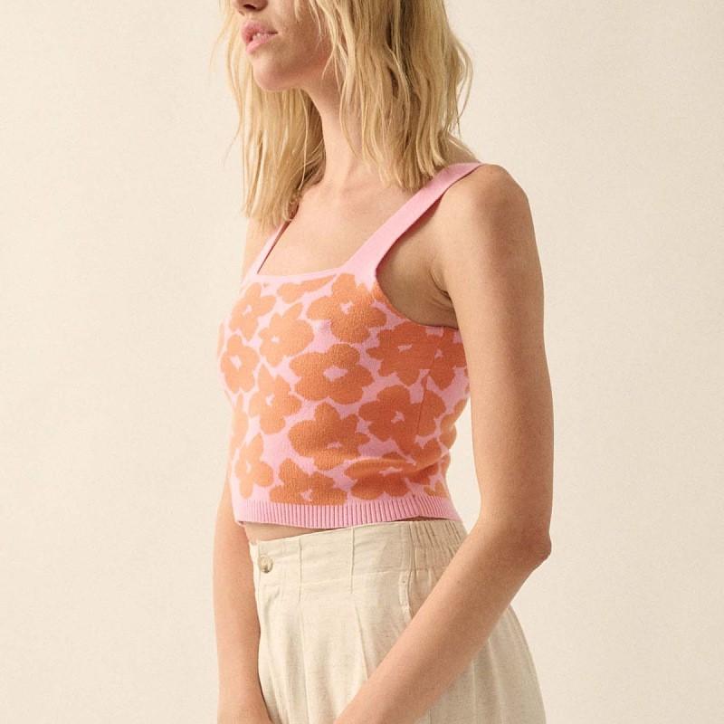 Womens Cropped Knit Tank Top With Floral Jacquard Backless Design Stretchy Short Sleeveless Crop Streetwear Small