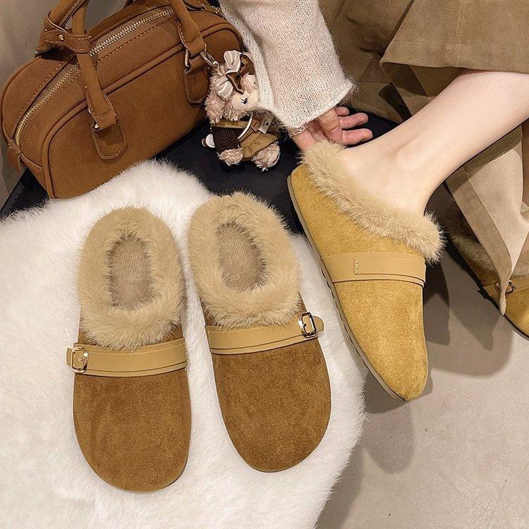 Birkenstock fluffy slippers wear new autumn and winter velvet warm bag head half slippers
