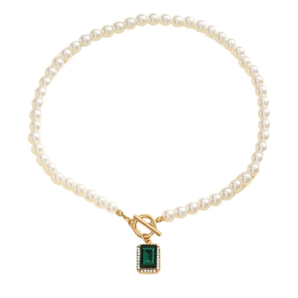Versatile European & American Fashion Beaded Imitation Pearl Necklace with Emerald Pendant