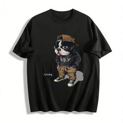 Street Style Anthropomorphic French Bulldog Print Casual Pullover Unisex Pure Cotton T-shirt