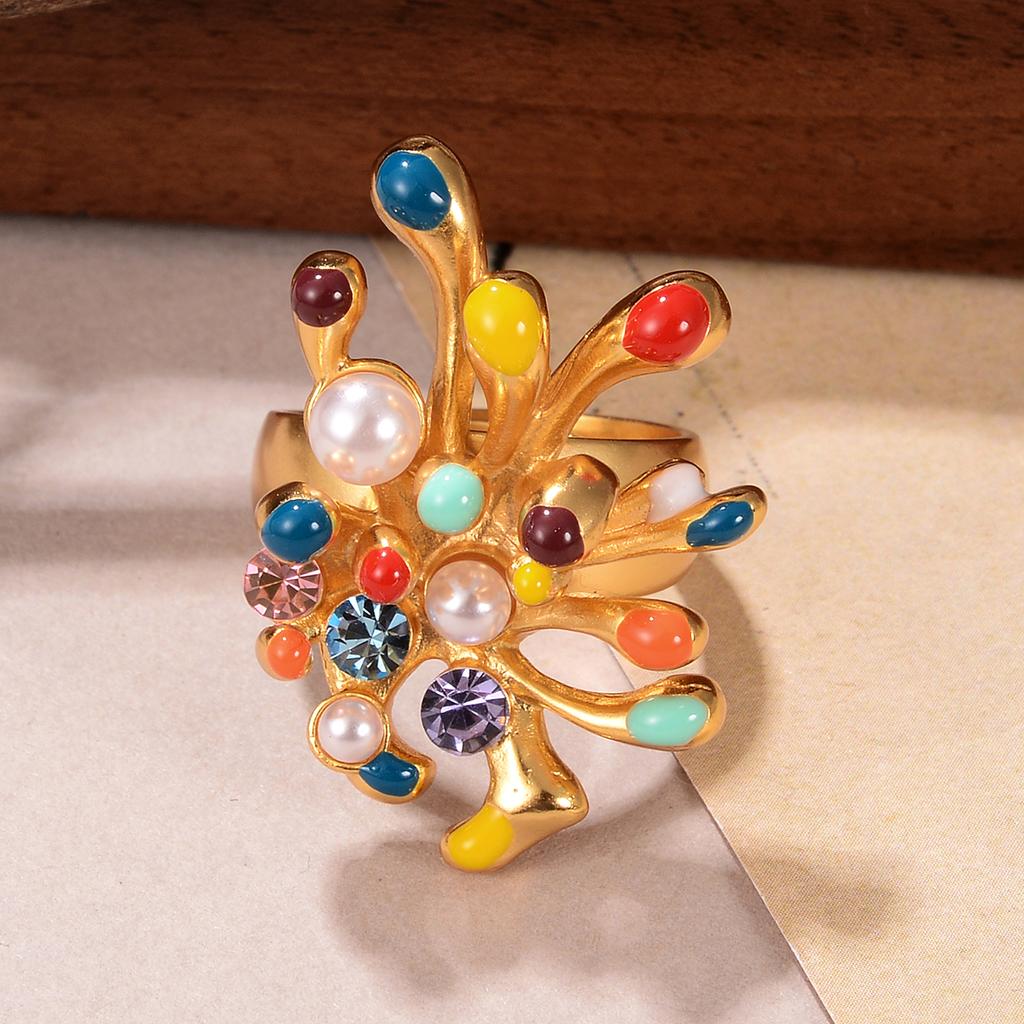 Gold Color Peacock Statement Ring for Women, Colorful Pearl Crystal Branch Ring, Big Bold Fashion Cocktail Ring Jewelry Gift
