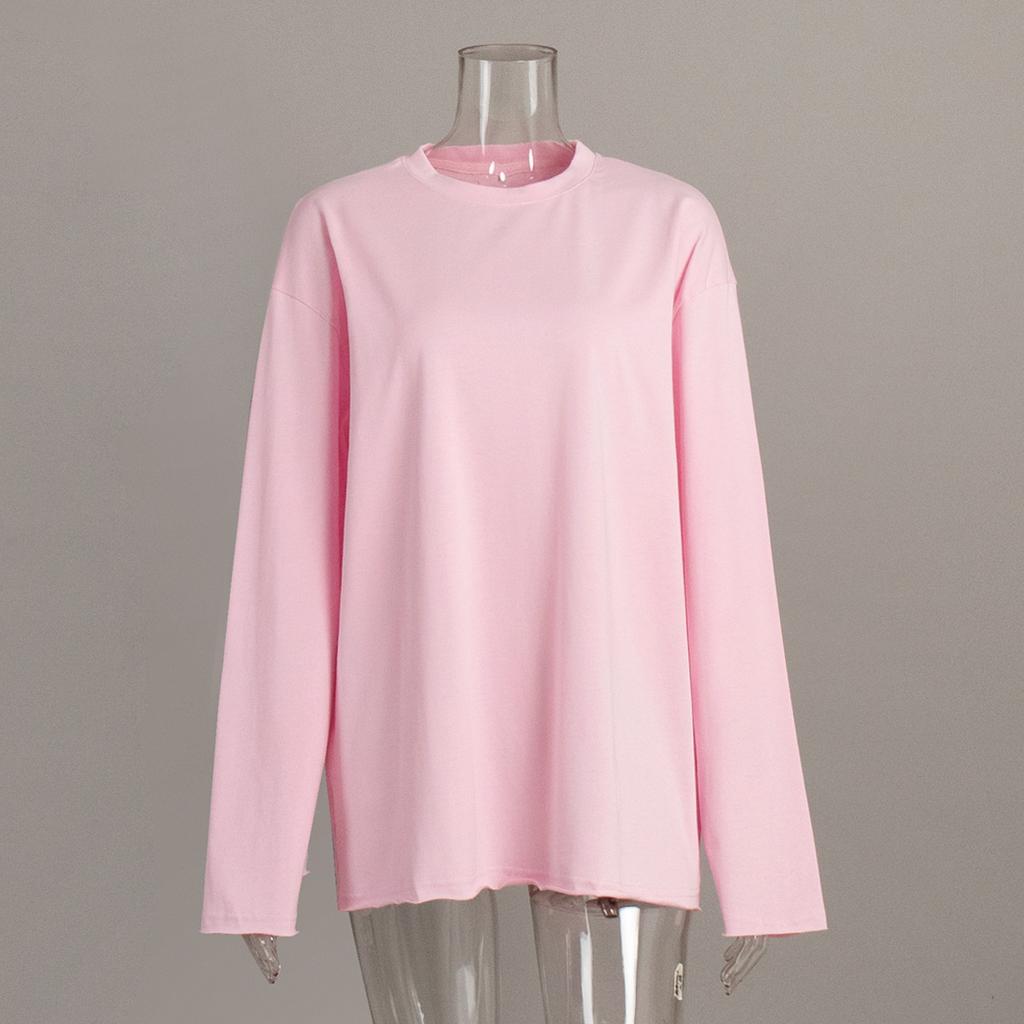 Damen Baumwoll-T-Shirt Frühling Neu Locker Einfarbig Oversize Rundhals Langarm T-Shirt Lässig Basic Oberteil