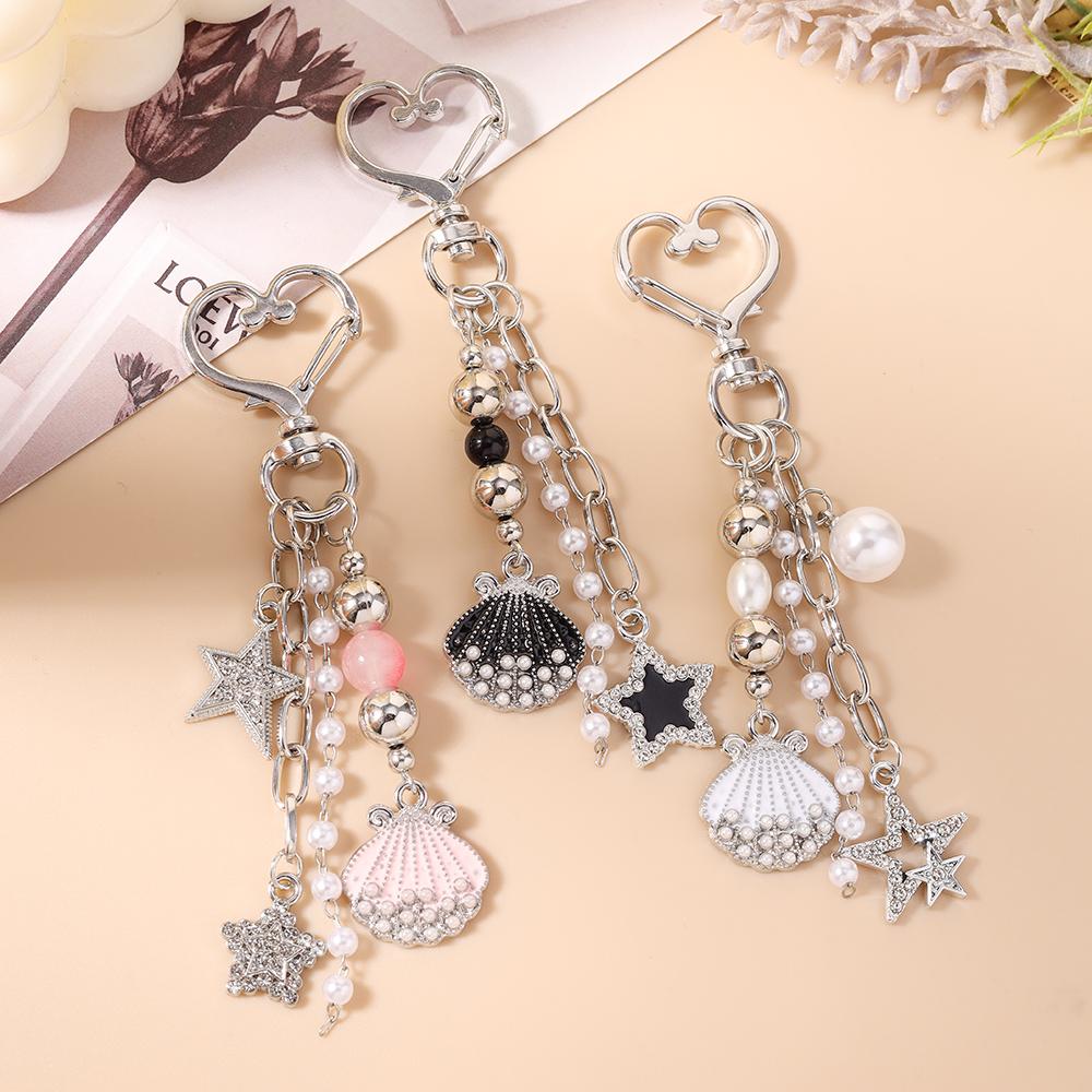 Pretty Crystal Star Shell Star Keychain Pearl Beads Key Ring Pendant for Women Girls Handbag Decor DIY Key Chain Jewelry Gifts