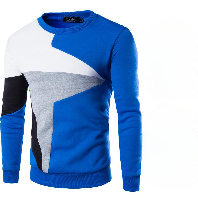 Men's Spliced Color Contrasting Casual Long Sleeved Round Neck Pullover