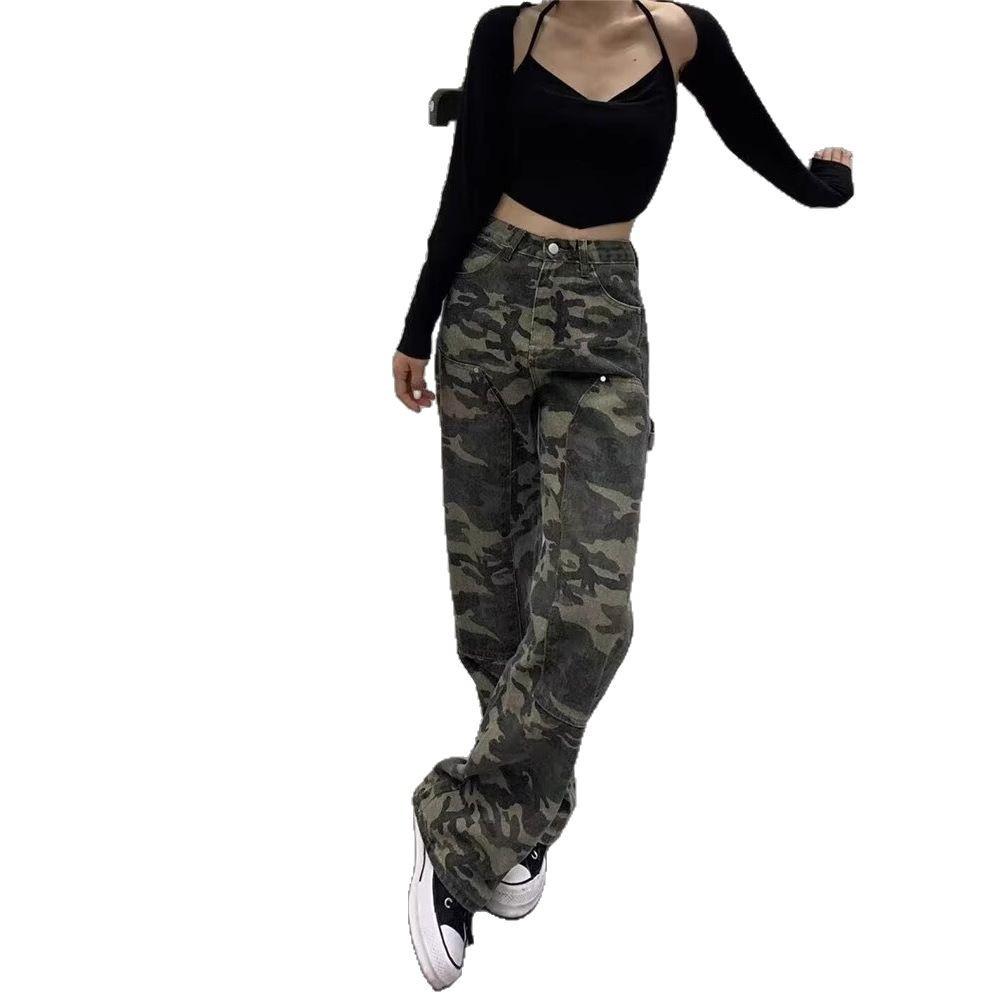 2025 Hong Kong New American High Street Camouflage Straight-Leg Jeans - European Women's Hip Hop Loose Wide-Leg Pants