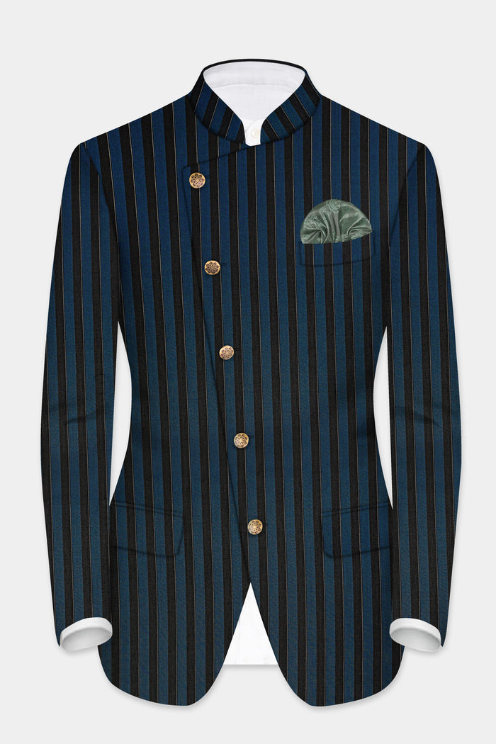 

Daintree Blue And Jade Black Striped Wool Blend Cross Placket Bandhgala Blazer 40