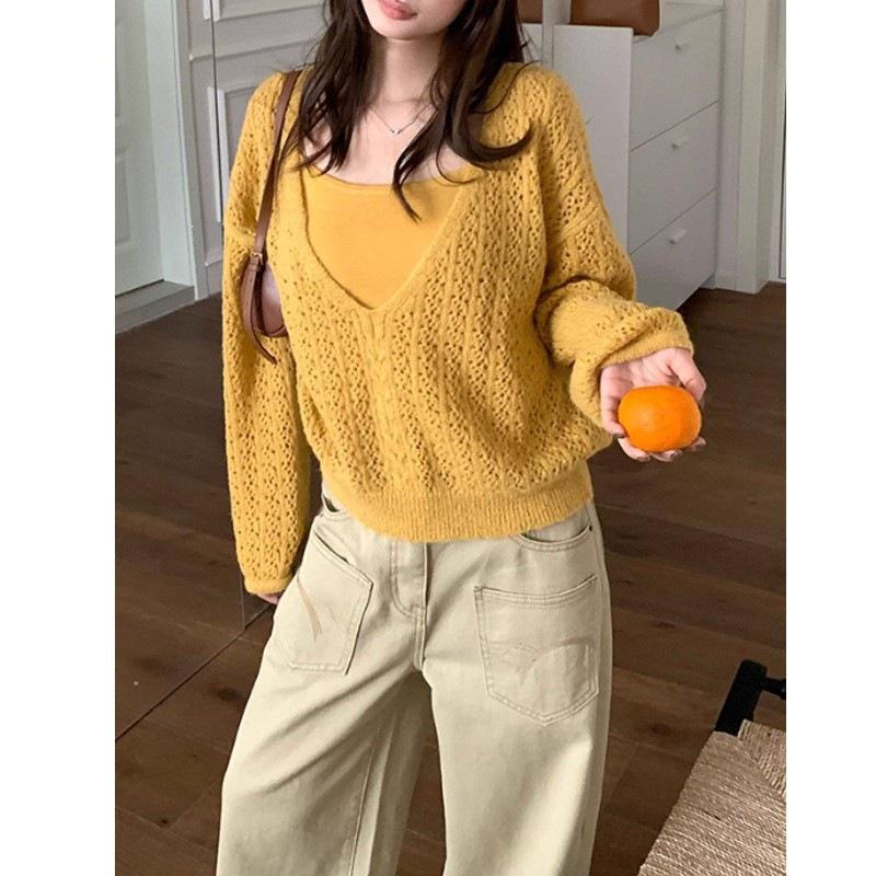 Women's Spring V-Neck Mohair Knit Top & Camisole Set - Casual Hollow Design, Long Hair Texture, Perfect for Autumn