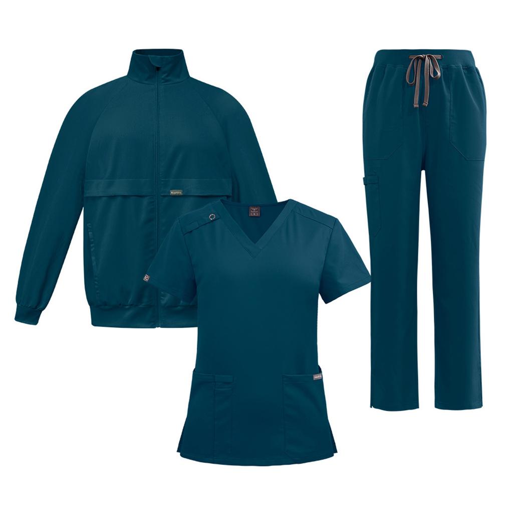 Women's Loose And Comfortable V-neck Short Sleeved Workwear With Multiple Pockets And Beauty Suit Set