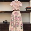Cute Fresh Chiffon Skirt Elegant Short Sleeve Bowknot Tops Floral Mid-length High Waist Slim Two-piece Suit Shirt Skirt 16673