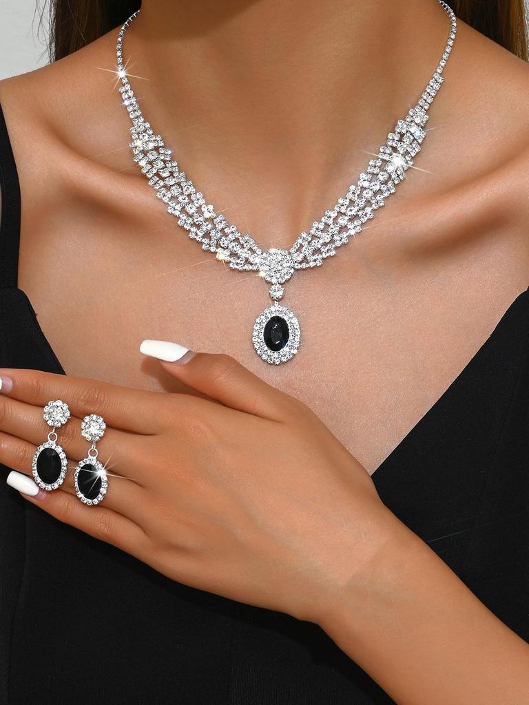 Luxury European Retro Crystal Zirconia Geometric Jewelry Set: Necklace, Earrings, Bracelet
