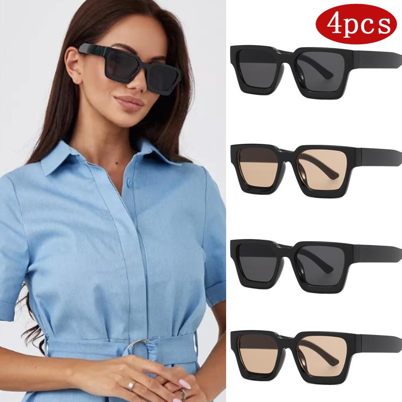 4pcs New Retro Candy Colors Square Sunglasses For Women Men Fashion Thick Frame Sun Glasses Modern Female Male Shades UV400