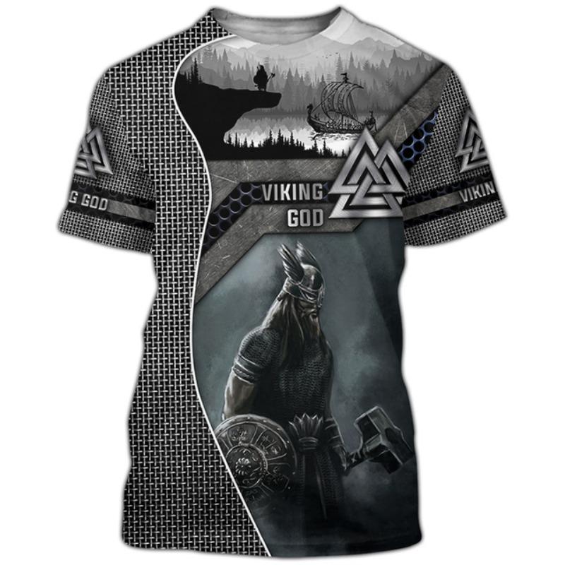Fashion Personality Viking Print T-shirt Men's Casual O-neck Short Sleeve Top Hip Hop Harajuku Clothing Summer Oversized Shirt
