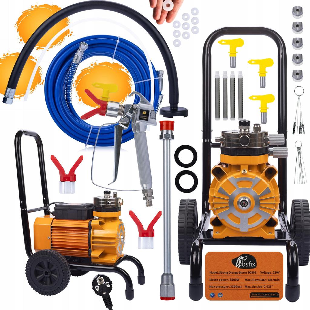 Rosfix Agregat Malarski Strong Orange Storm SOS03 – Silnik 3500W | Maksymalne Ciśnienie 22MPA | Zestaw Akcesoriów Malarskich