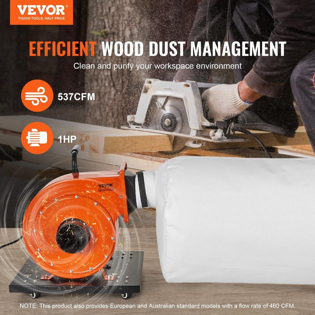Dust Collector, 1HP 460 CFM Air Flow, Rolling Dust Collector with 21-Gallon Dust Collection Bag, 2.5 Micron Bag Filtration, Industrial Workshop Mobile