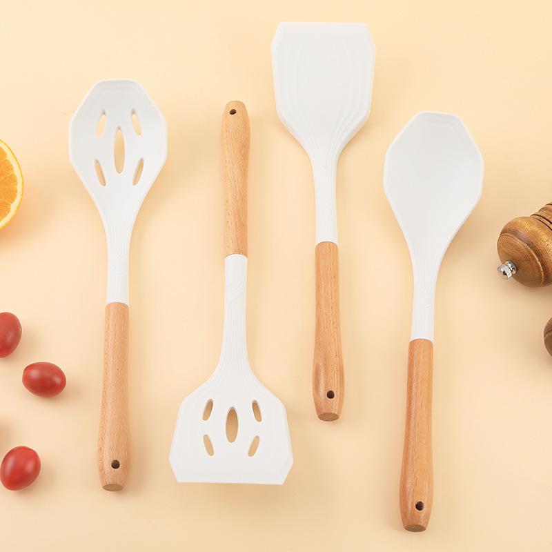 12-piece Set Wooden Handle Silicone Kitchen Utensils Silicone Kitchen Utensils Non-stick Pan Cooking Spatula Baking Storage Tool
