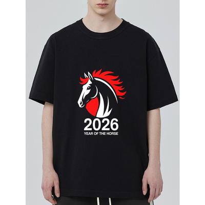 Black T Shirt With Horse Head And 2026 Year Of The Horse Print For Casual Wear