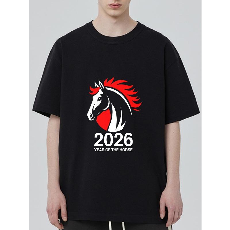 

Black T Shirt With Horse Head And 2026 Year Of The Horse Print For Casual Wear XXXXL чорний