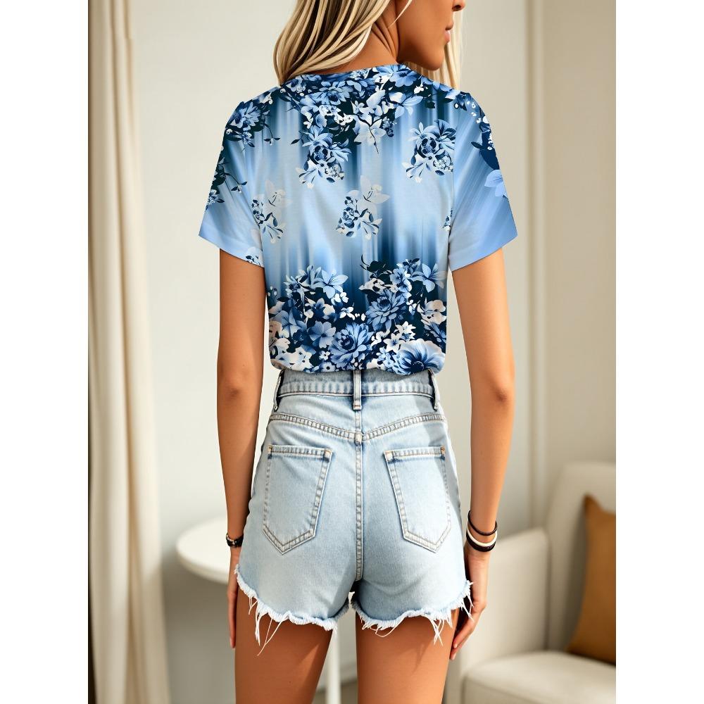 Summer Fashion Women's Blue Gradient Floral Print Round Neck T-shirt