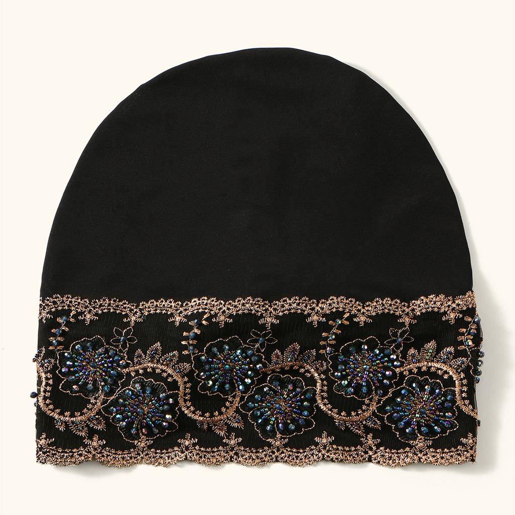 Luxury Embroidery Lace Turban Cap Muslim Women Floral Rhinestone Modal Head Cover Hat Islamic Headwear Bonnet Female Head Wraps