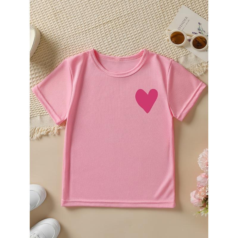 European sizes Summer Fashion Girls' Short-Sleeve T-Shirt with Heart Cartoon Pattern Double-Sided Print, Casual and Versatile Top