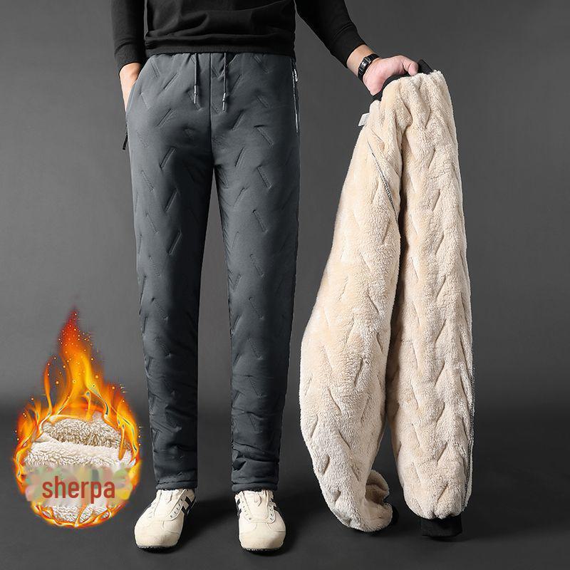 Men's Large Warm Cotton Trousers with Lamb Fleece, Three-Layer Thickened, Cold-Resistant, One-Piece Design