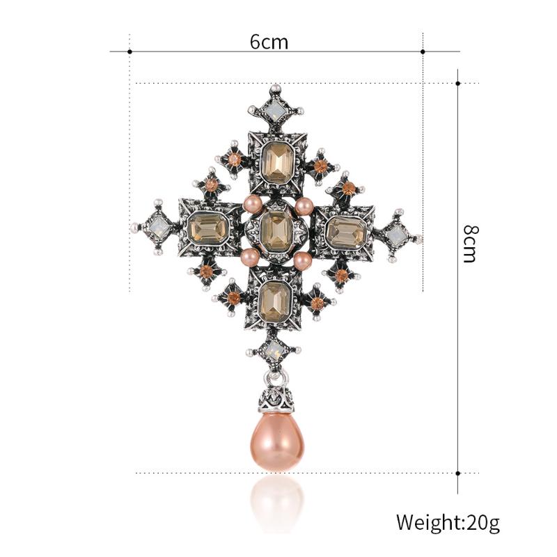 Broșă Cruce Vintage Baroc cu Strassuri pentru Femei Bărbați Cristal Perle Picătură de Apă Broșă Bijuterii pentru Birou Petrecere Cadou