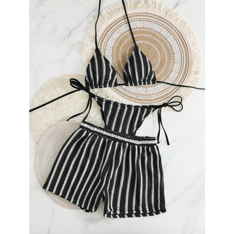 Women Striped Knit Mesh Three Piece Split Bohemian Bikini Swimsuit