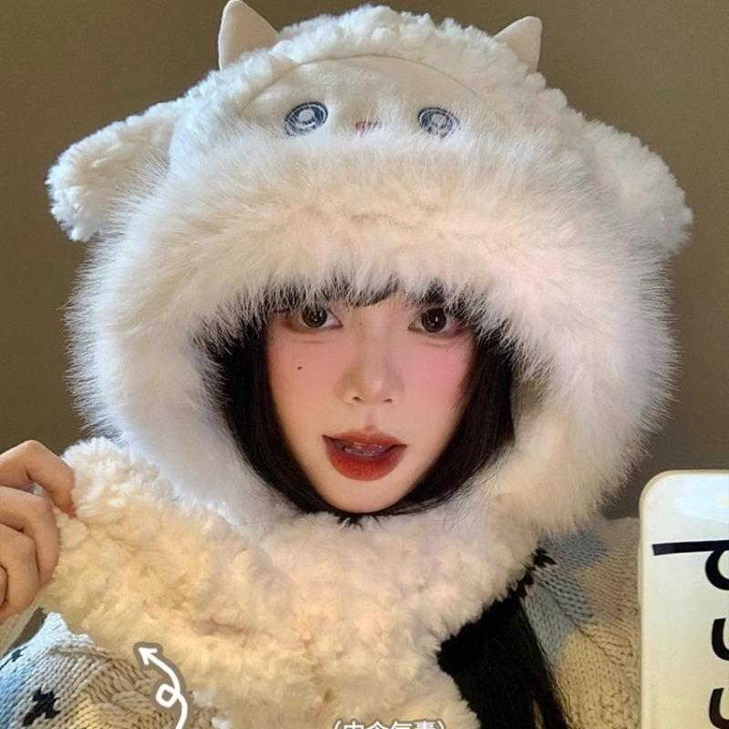 Cute little sheep plush hat women's winter new cold-proof and warm hat scarf integrated thickened ear protector