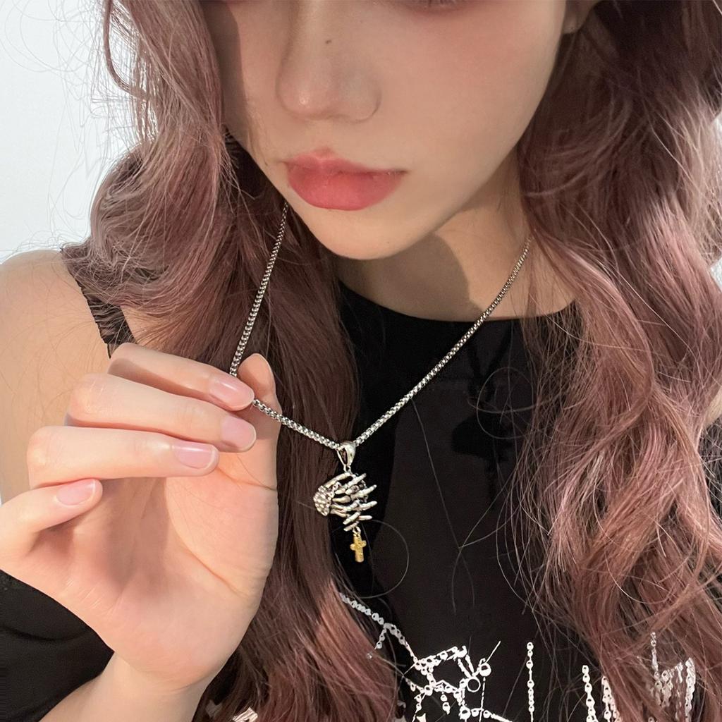 Unique Prayer Hands Skeleton Crucifix Necklace/Pendant Stylish Jewelry for Rock Enthusiasts and Religious Believers