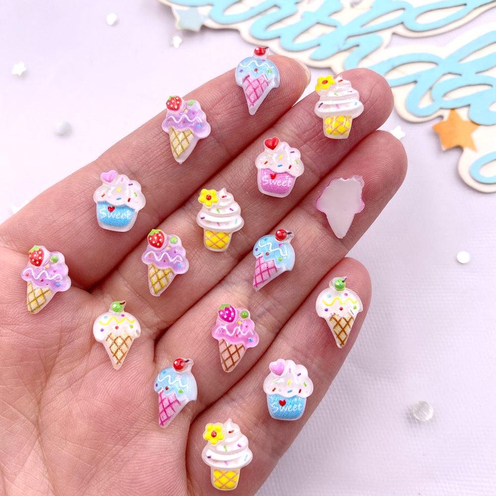 50PCS Resin Mini Colorful Strawberry Sweet Love Ice Cream Ice Cream Flatback Rhinestone DIY Nail Art Scrapbook Craft Accessories