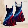 Women Plus Size Off Shoulder Strappy Dress Red Blue White Tie Dye Printed Sleeveless Fitted Waist Flared Hem