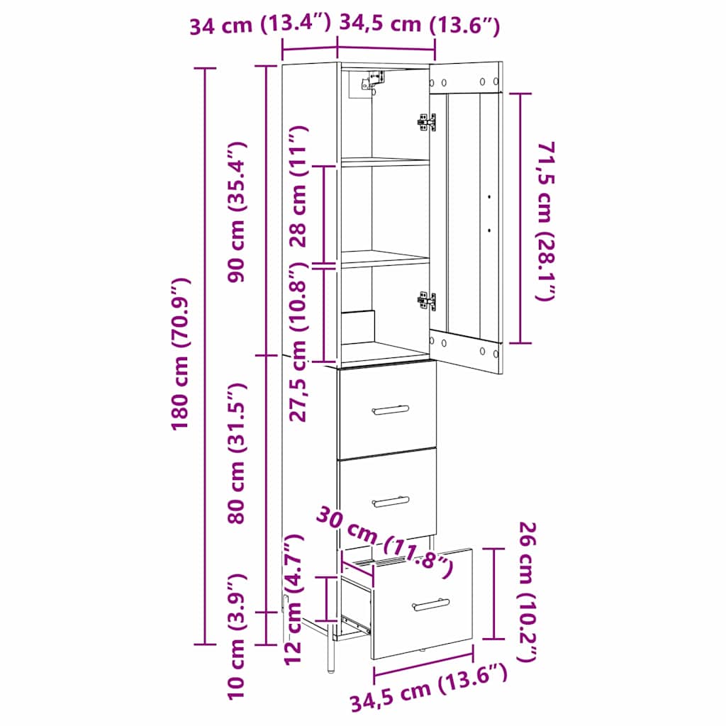 Highboard Artisan Oak 34.5 x 34 x 180 cm Particleboard