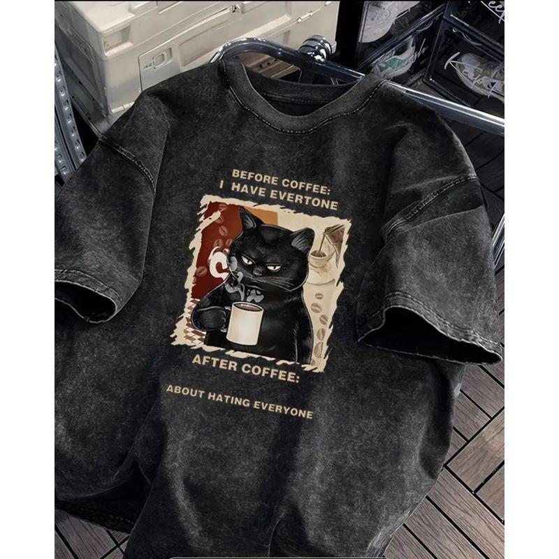 European and American New Fashion Casual Washed Old Loose Cotton T-shirt Top Printed Cotton T-shirt