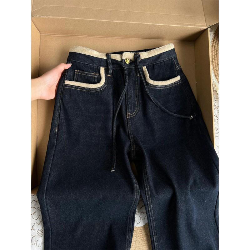 Retro Dark Blue Velvet-Lined Wide-Leg Jeans for Women - Winter 2024 Edition