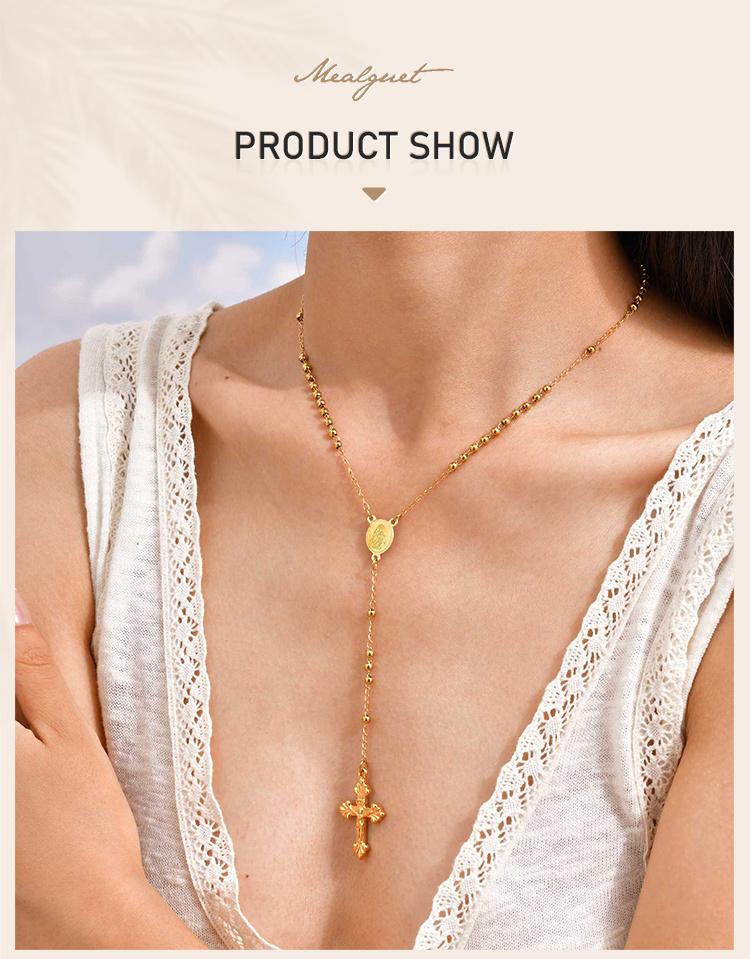 Rosary Beads Cross Necklace for Women, Stainless Steel Crucifix Virgin Mary Y Shape Necklaces Jewelry