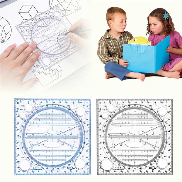 2pc  Rotatable Multifunction Drawing Template Art Design Construction Architect Stereo Geometry Circle Drafting Measuring Scale Ruler
