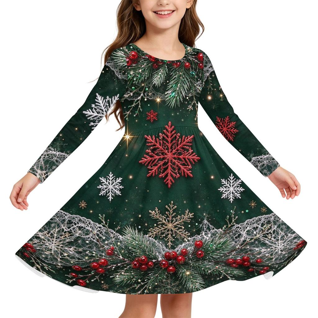 Kids Christmas Print Long Sleeve Dress for Holiday Parties and Everyday Wear