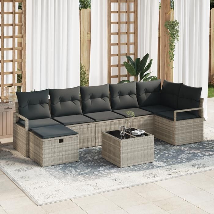 VidaXL Set de canapé de jardin en 8 pièces avec coussins gris clair en rattan synthétique | Mobilier de patio modulable 3359211