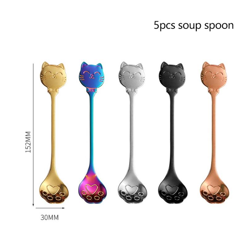 5PCS Set 304 Stainless Steel Cat Spoon Creative Cartoon Hanging Edge Spoon Cute Coffee Spoon Gold-plated Stirring Spoon