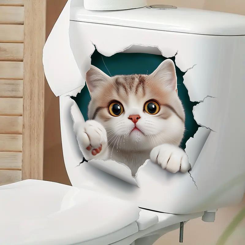 3D Cute Cartoon Cat Breaking Through Wall Toilet Sticker Self-Adhesive Waterproof Removable Bathroom Home Decor Art