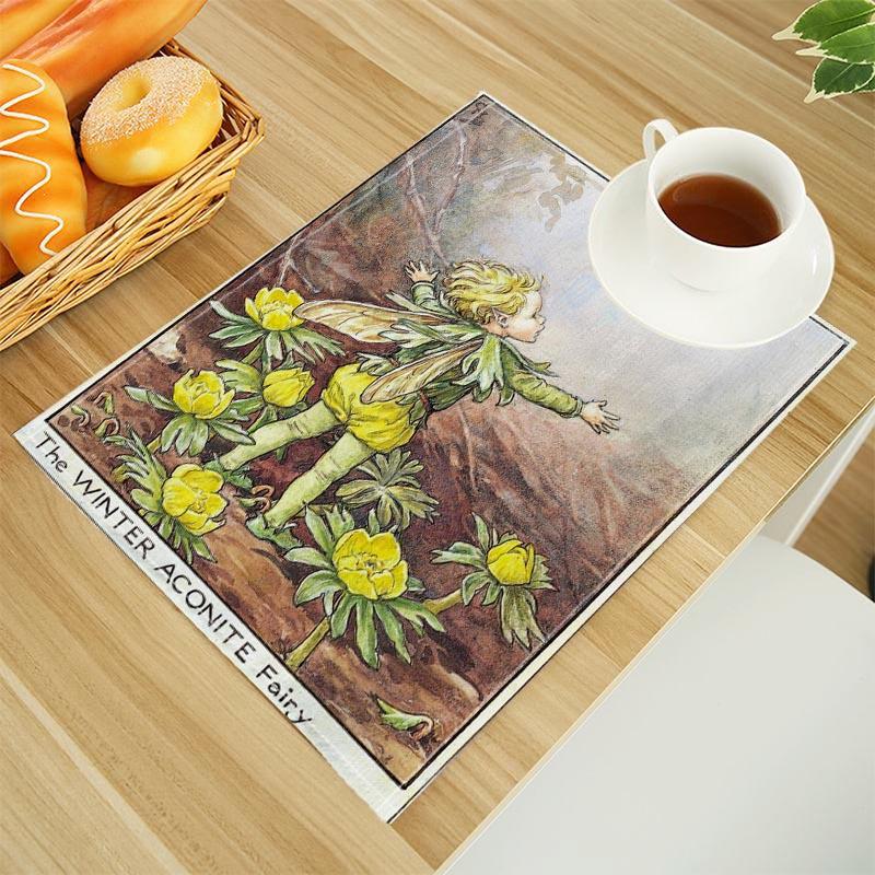 The Fairies Of The Winter Print Linen Dining Table Mats Alphabet Kitchen Placemat 30X45cm Coasters Pads Bowl Cup Mat