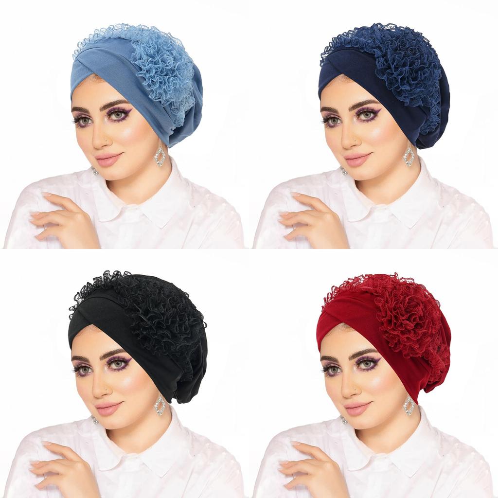 Pure Color Headscarf Hat With Floral Lace Design For Women Summer Winter Spring Fall