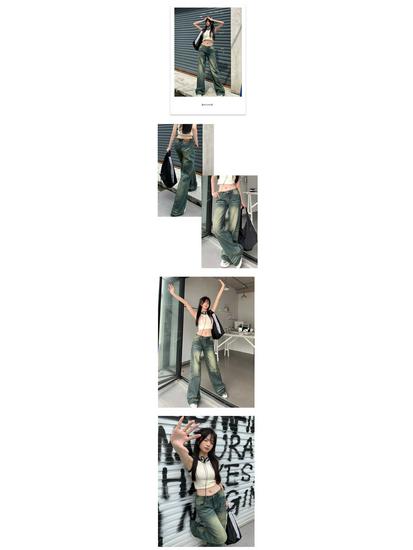 American Retro Low-Waist Wide-Leg Distressed Denim Pants - Floor-Length