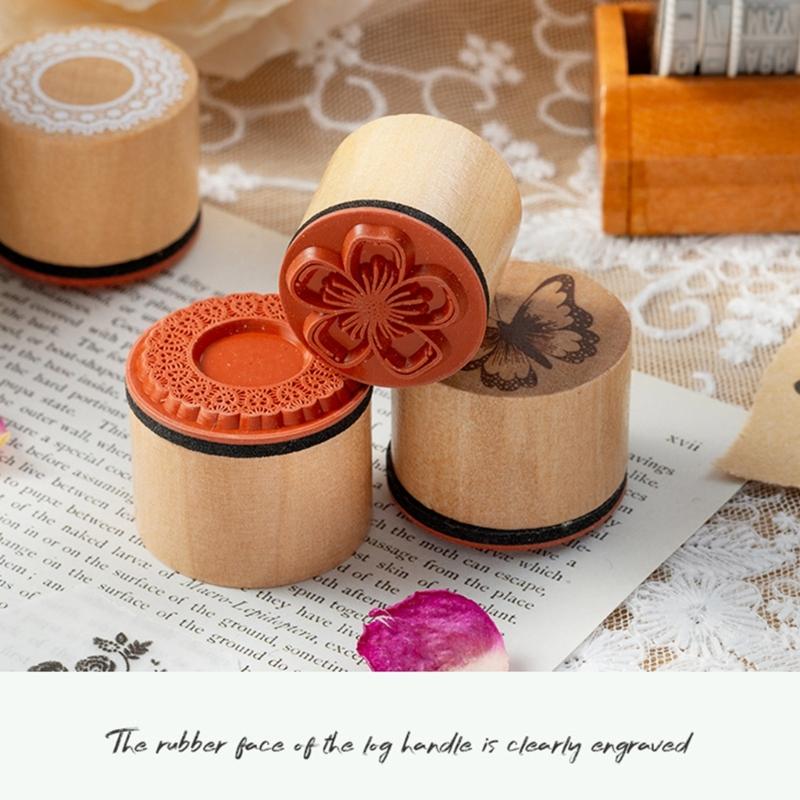 8Pcs Wood Craft Stamp Flower Stamper with Inkpad Scrapbooking Decorative Stamp for Scrapbooking Journal Planner Notebook