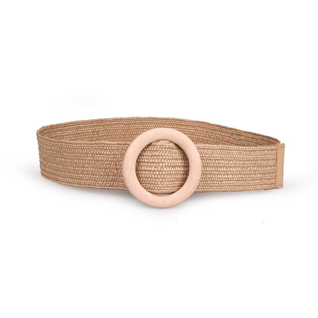 New European and American Women's Round Wood Buckle PP Lafite Elastic Braided Hemp Rope Ethnic Style Summer Women's Belt