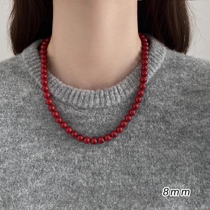 S925 Sterling Silver Encore Red Simulated Pearl Necklace for Women - Festive Autumn/Winter Sweater Chain