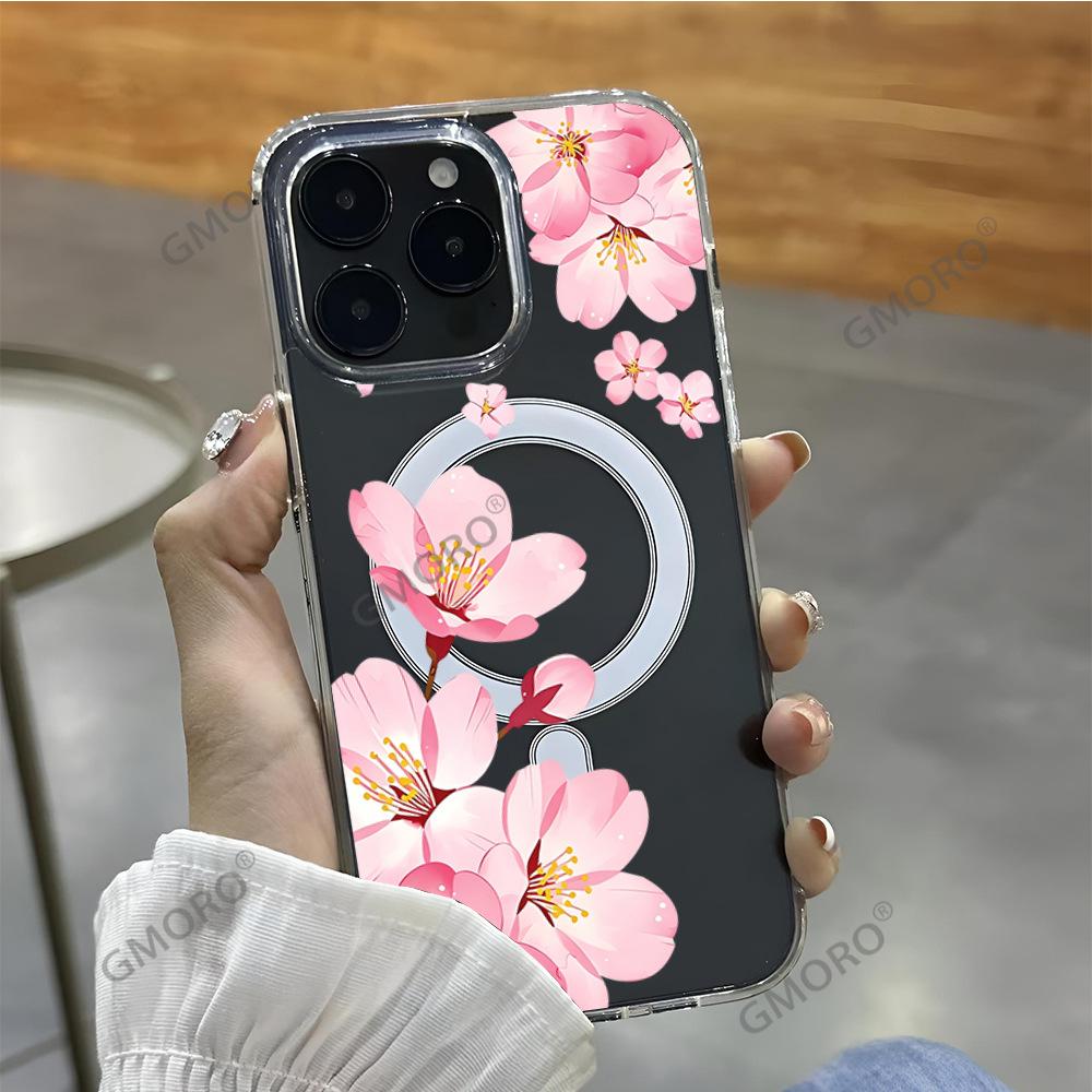 Selection Pink Sakura Mobile Phone Case Apple 17promax Anti-drop Transparent Magnetic Mobile Phone Case IP16