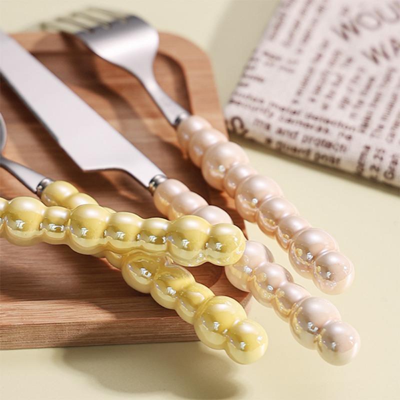 4-teiliges/Set Luxus Keramik Perlen Griff Besteckset Messer Gabel Löffel Kreativer Niedlicher Suppenlöffel Westliches Essen Steakmesser Löffel Gabel