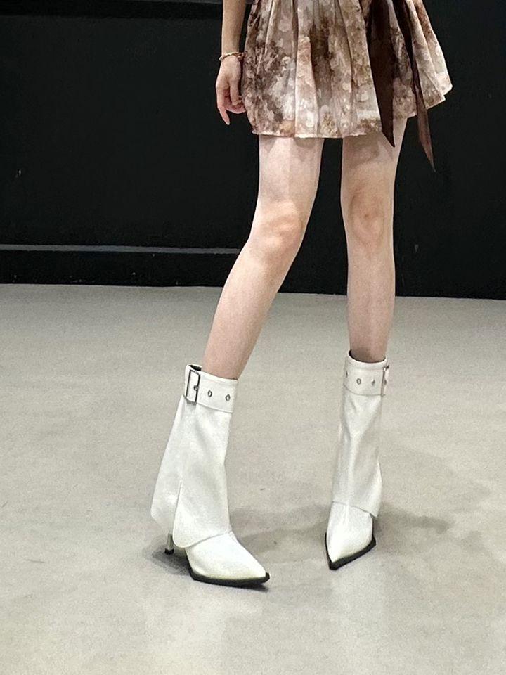 European and American pointed belt buckle trouser boots 2025 autumn boots thin heel extraordinary foreign style short boots high heel short boots